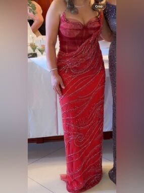 Red Beaded Maxi Dress with Sheer Tulle Bodice